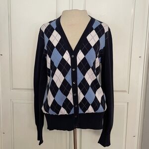 346 Brooks Brothers Navy Blue Argyle V-Neck Button Cardigan Sweater Womens M‎